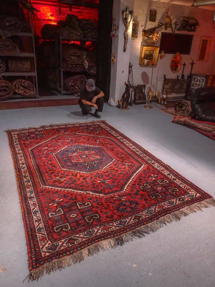 Punainen käsinsolmittu Gasghai-villamatto, 295 × 200 cm