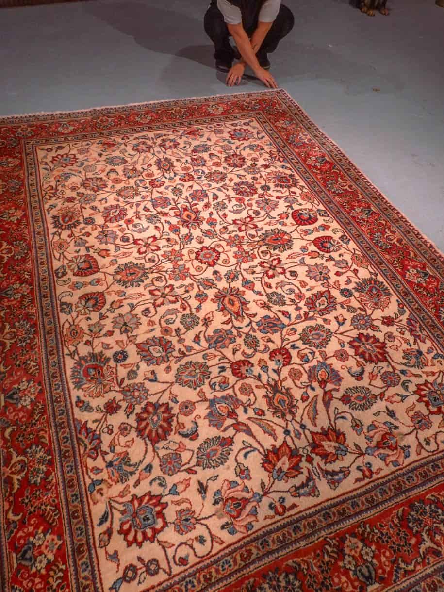 Vaalea käsinsolmittu Sarouk-villamatto, 253 × 184 cm