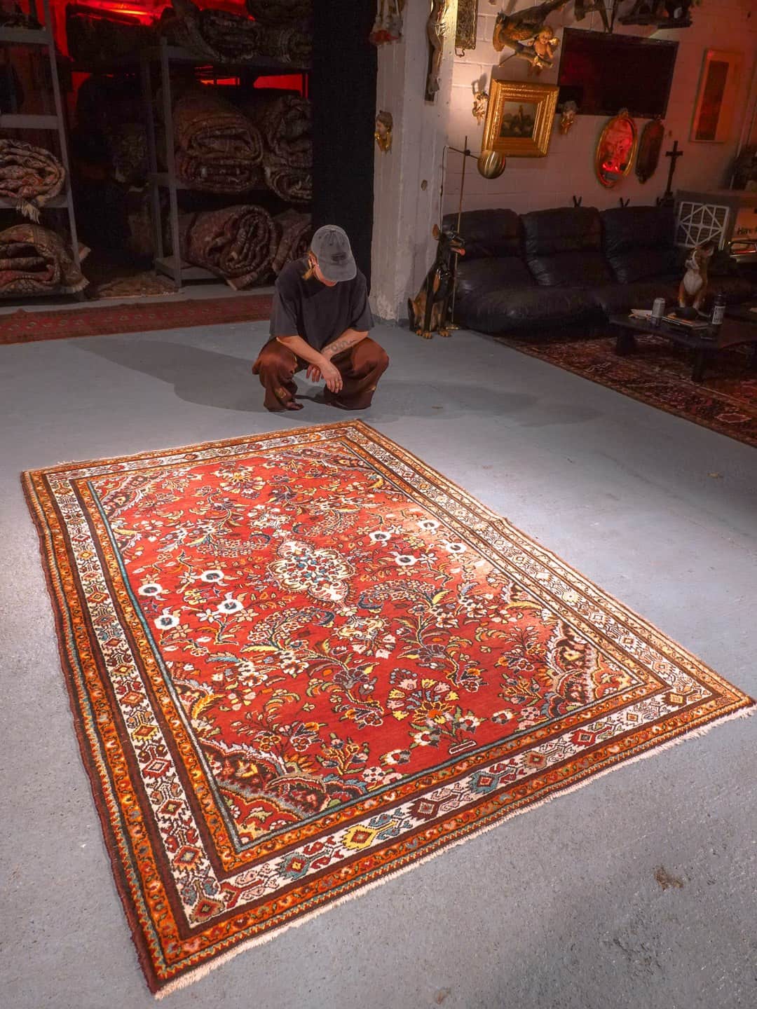 Punainen käsinsolmittu Hamadan-villamatto, 220 × 155 cm