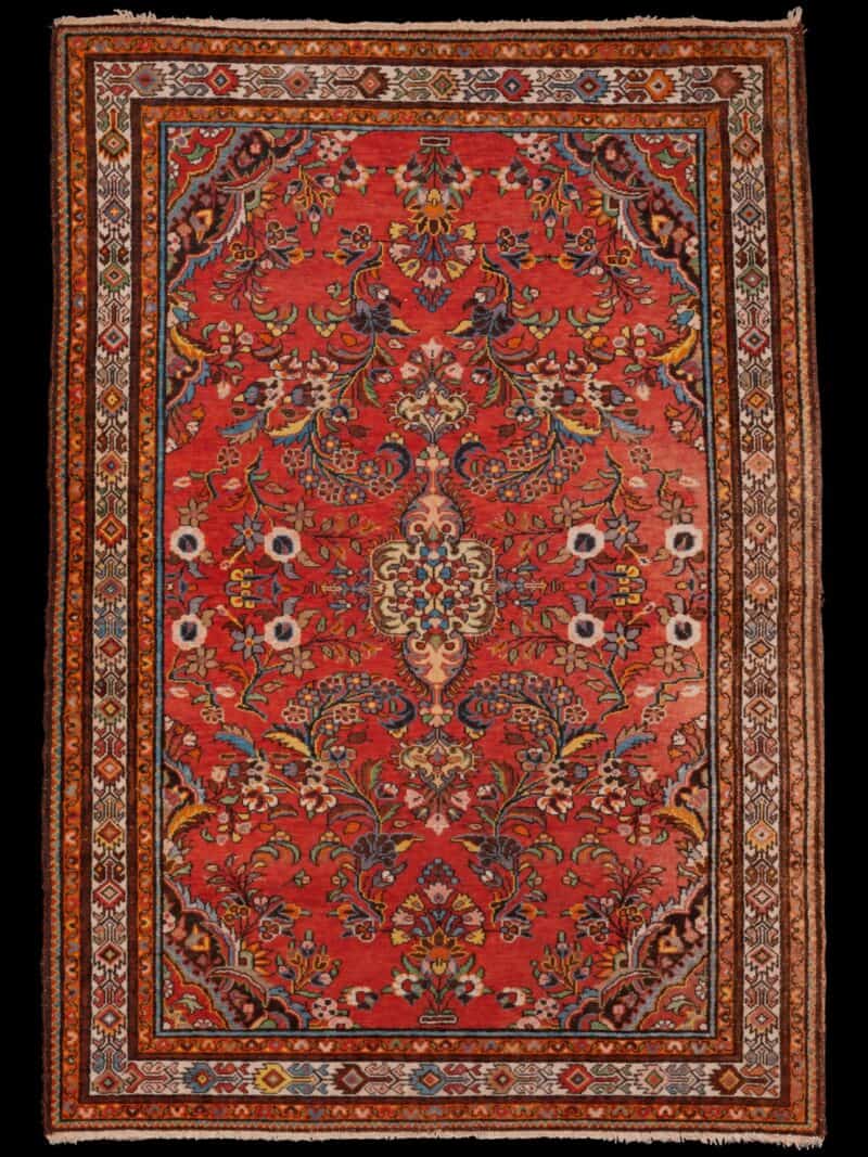 Punainen käsinsolmittu Hamadan-villamatto, 220 × 155 cm