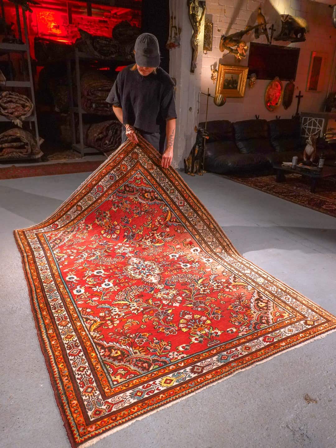 Punainen käsinsolmittu Hamadan-villamatto, 220 × 155 cm