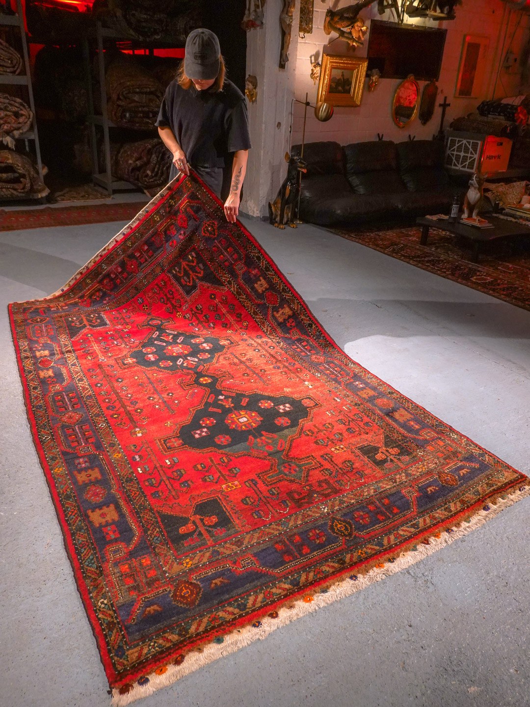 Punainen käsinsolmittu Hamadan-villamatto, 252 × 160 cm