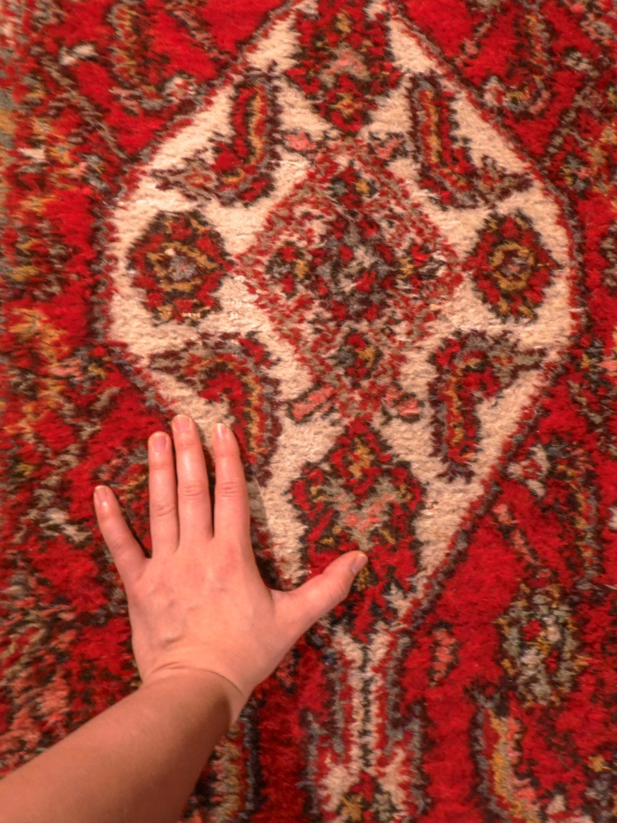 Punainen käsinsolmittu Hamadan-villamatto, 261 × 71 cm