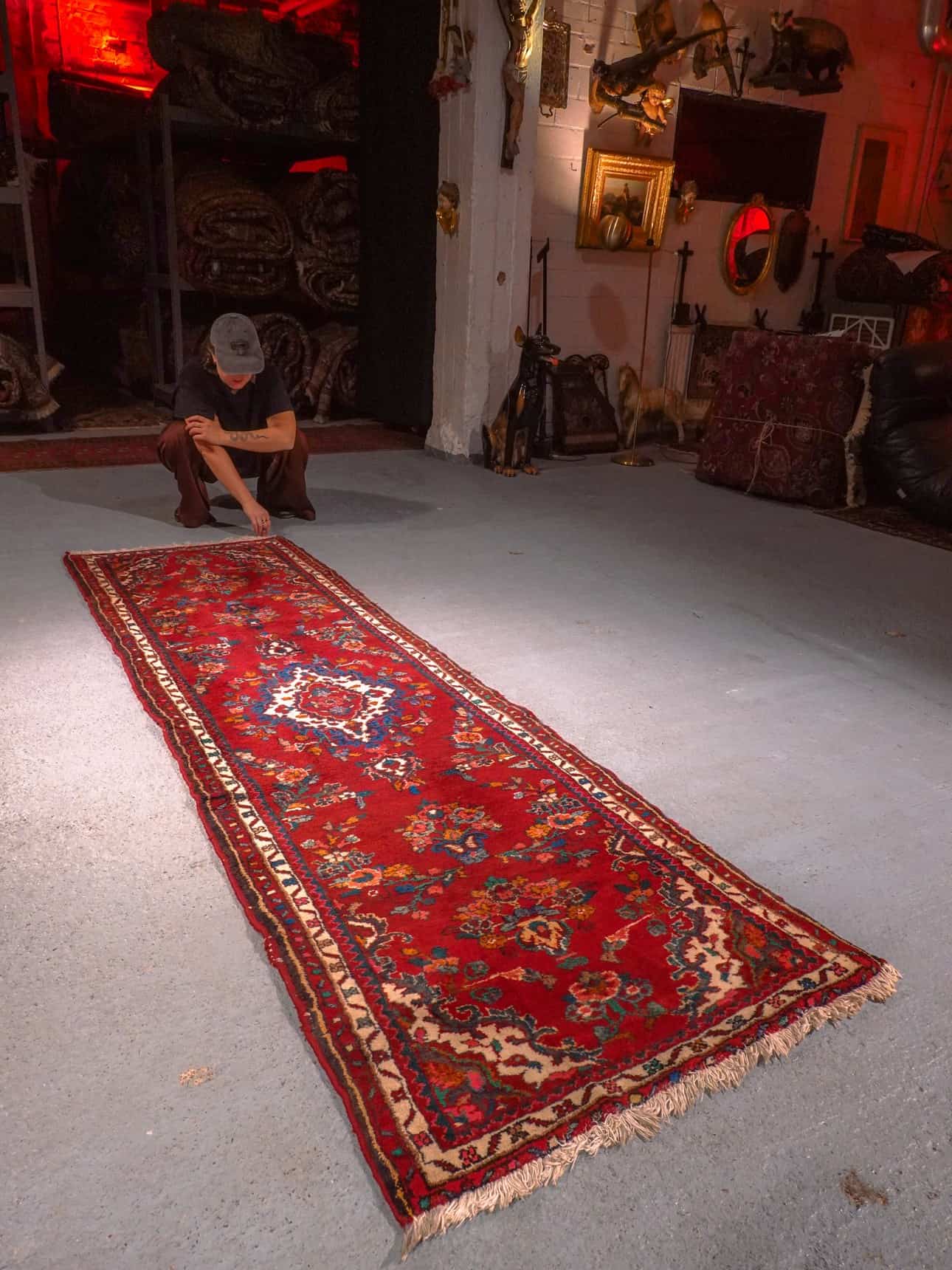 Punainen käsinsolmittu Hamadan-villamatto, 270 × 80 cm