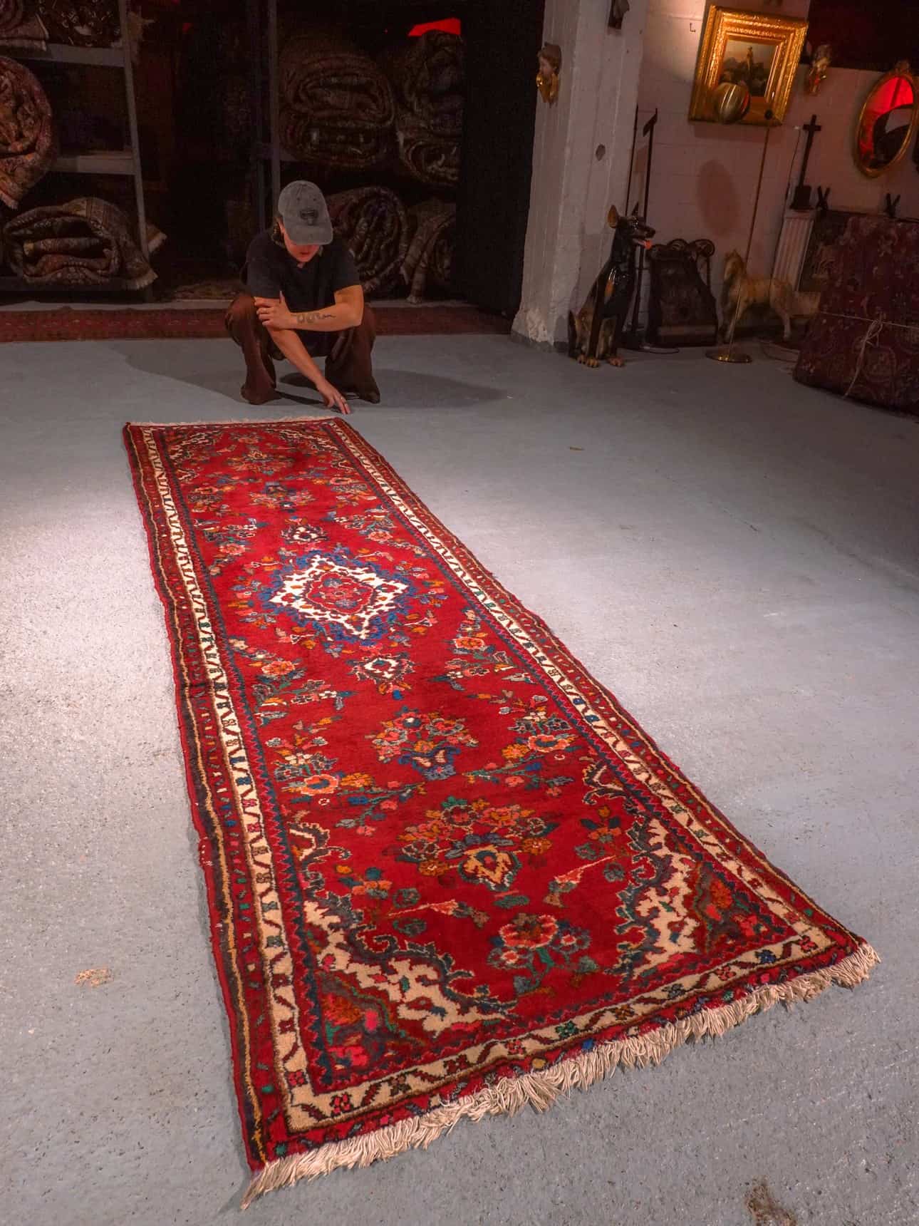 Punainen käsinsolmittu Hamadan-villamatto, 270 × 80 cm