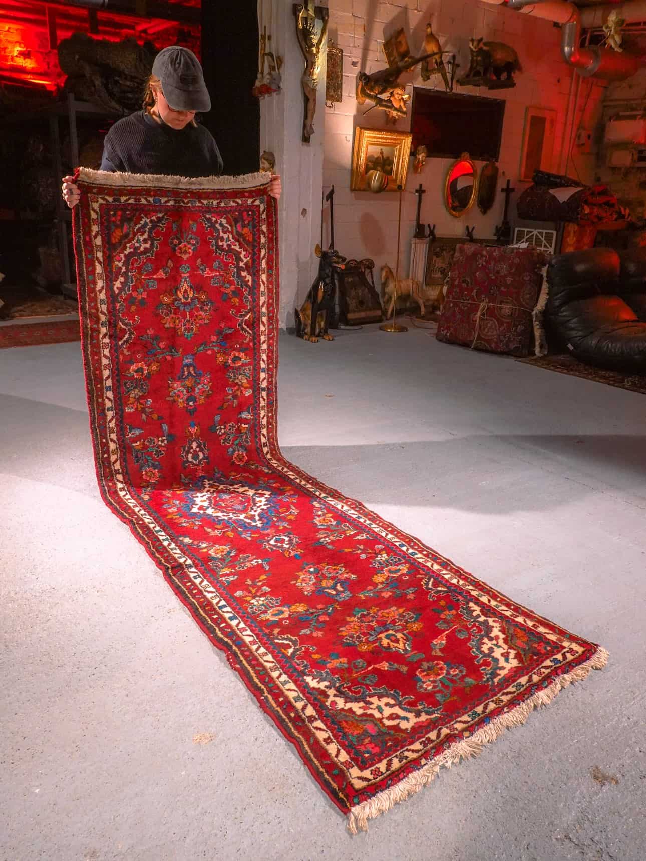 Punainen käsinsolmittu Hamadan-villamatto, 270 × 80 cm