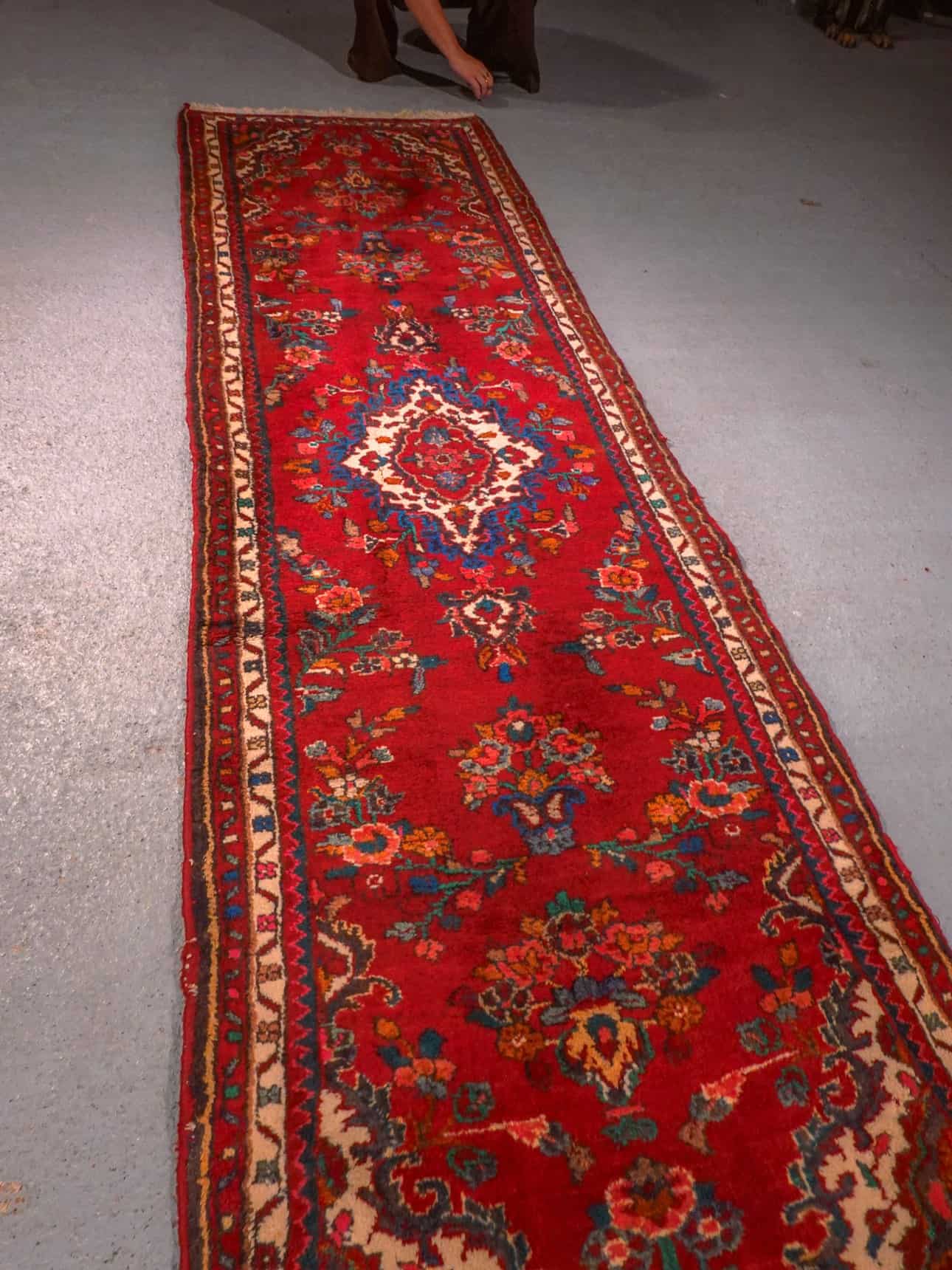 Punainen käsinsolmittu Hamadan-villamatto, 270 × 80 cm