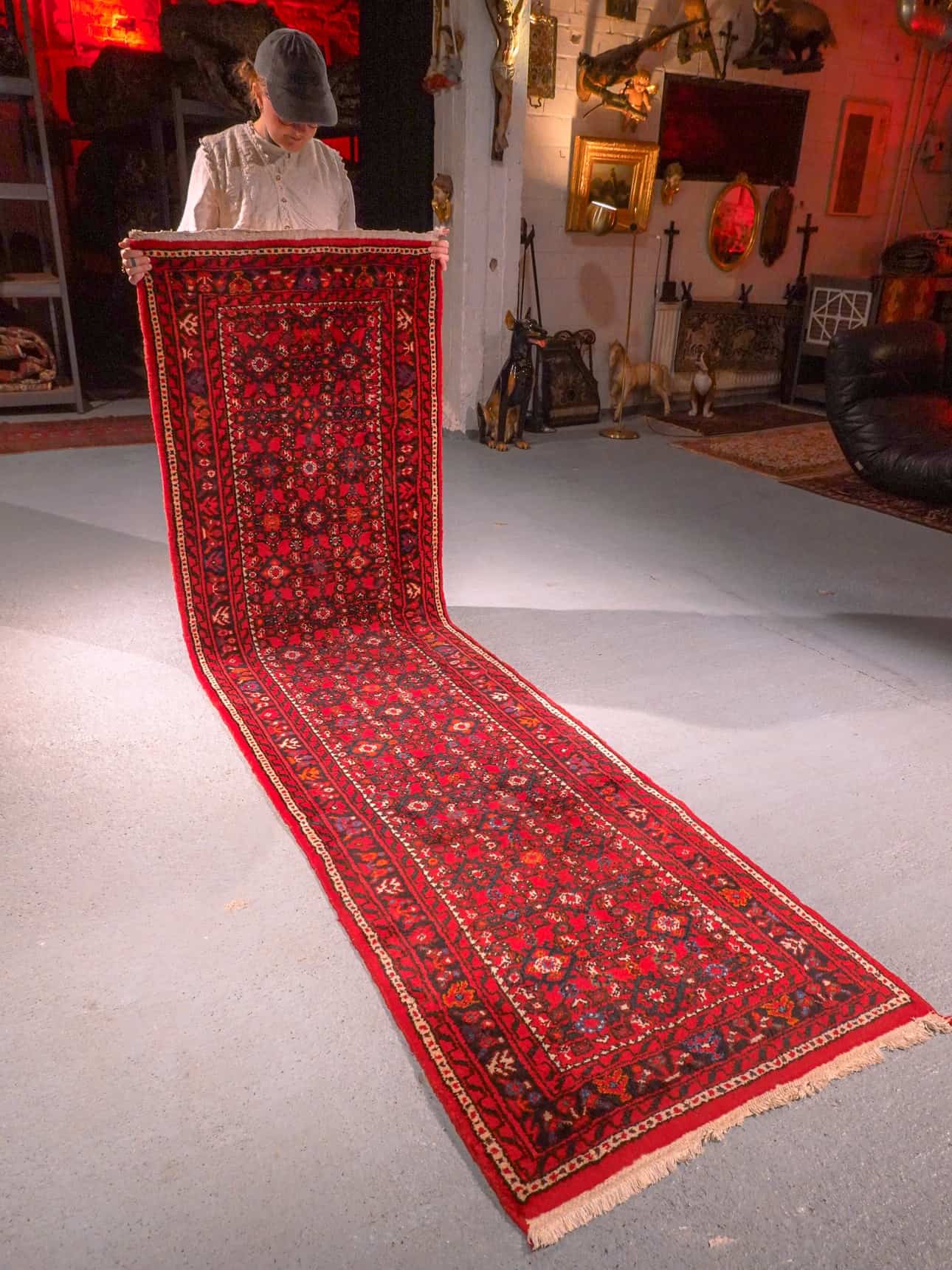 Punainen käsinsolmittu Hamadan-villamatto, 290 × 80 cm