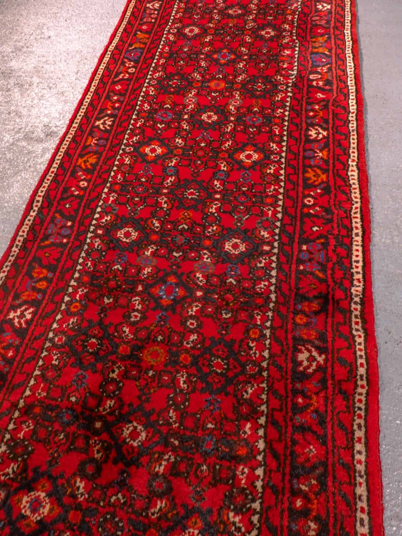 Punainen käsinsolmittu Hamadan-villamatto, 290 × 80 cm