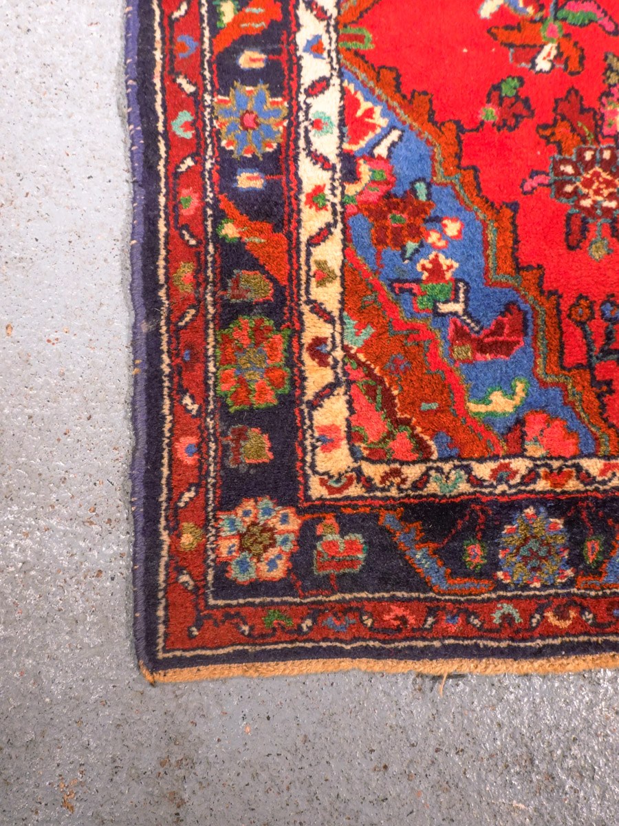 Punainen käsinsolmittu Hamadan-villamatto, 297 × 106 cm