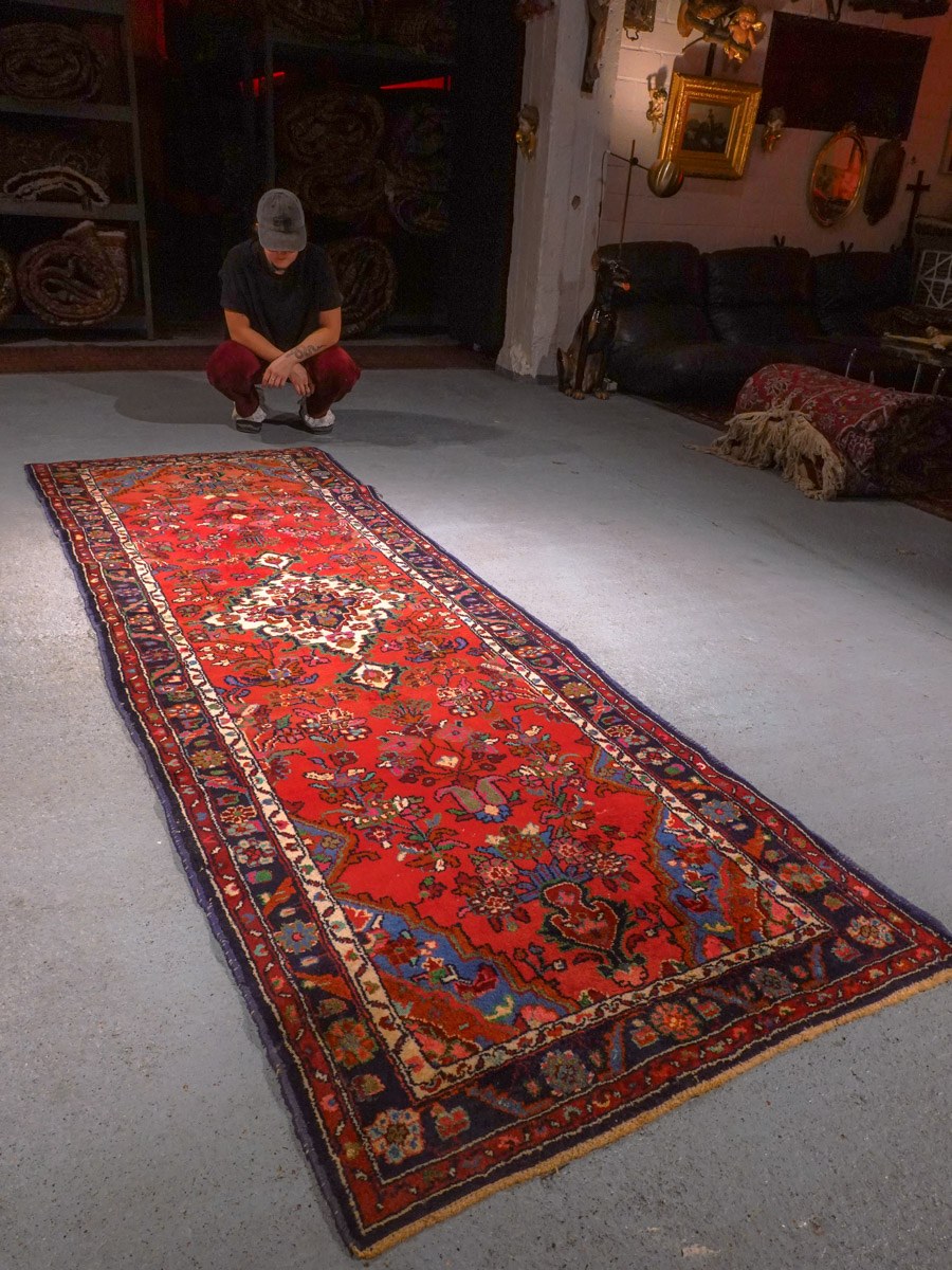 Punainen käsinsolmittu Hamadan-villamatto, 297 × 106 cm