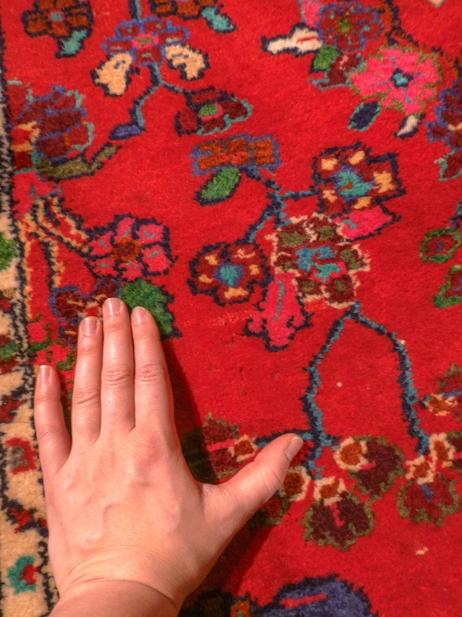 Punainen käsinsolmittu Hamadan-villamatto, 297 × 106 cm
