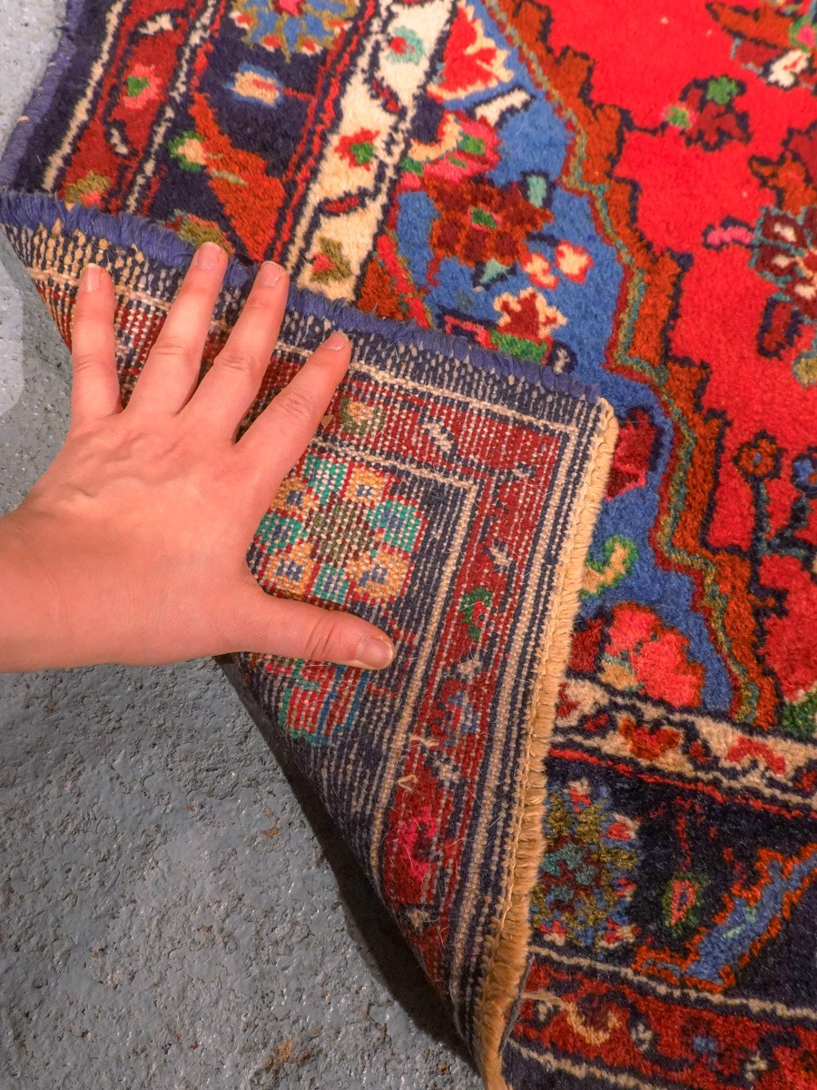 Punainen käsinsolmittu Hamadan-villamatto, 297 × 106 cm