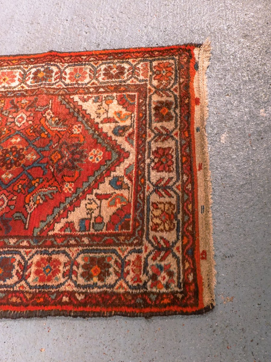 Punainen käsinsolmittu Hamadan-villamatto, 308 × 75 cm