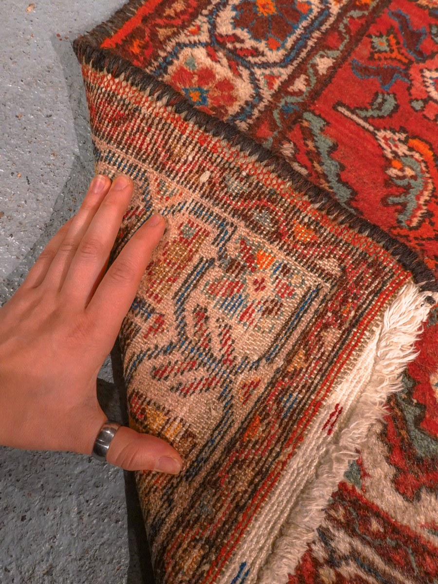 Punainen käsinsolmittu Hamadan-villamatto, 308 × 75 cm