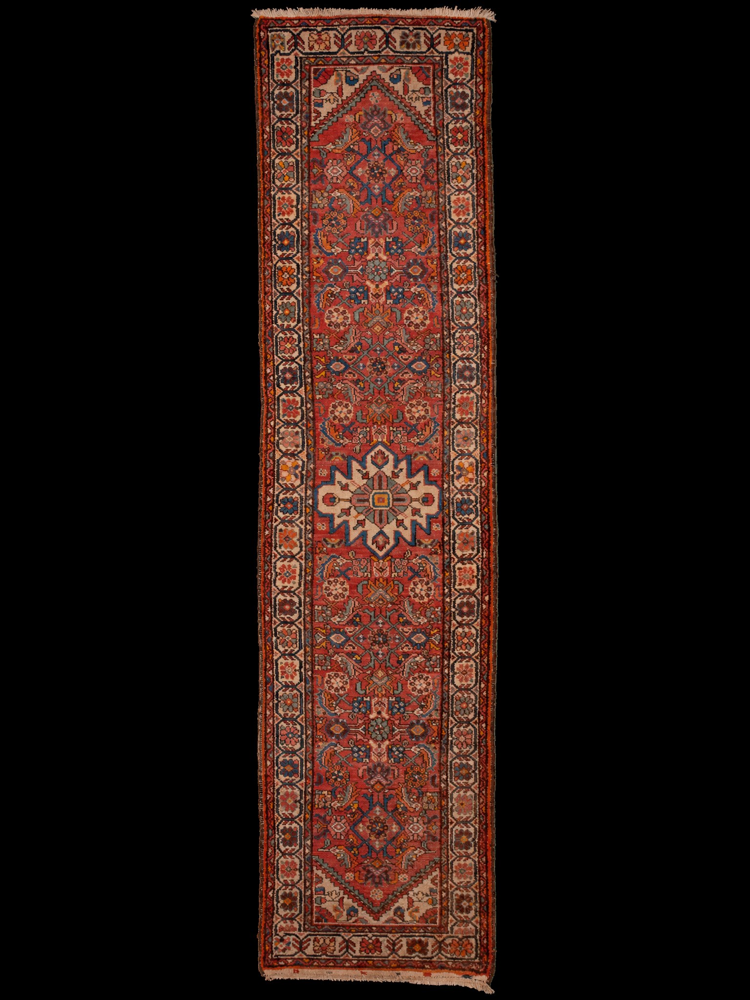 Punainen käsinsolmittu Hamadan-villamatto, 308 × 75 cm