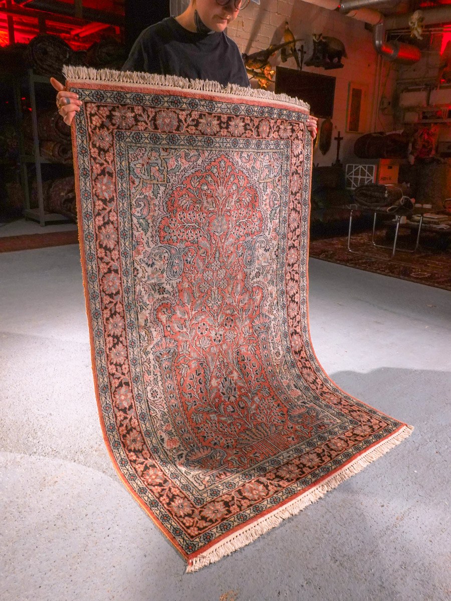 Punainen käsinsolmittu Kashmir-villa-silkkimatto, 154 × 98 cm