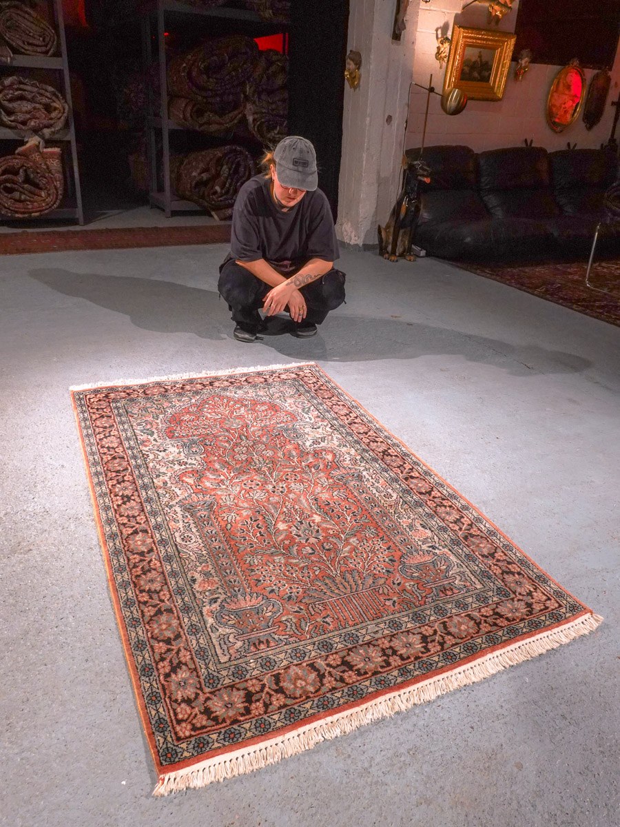 Punainen käsinsolmittu Kashmir-villa-silkkimatto, 154 × 98 cm
