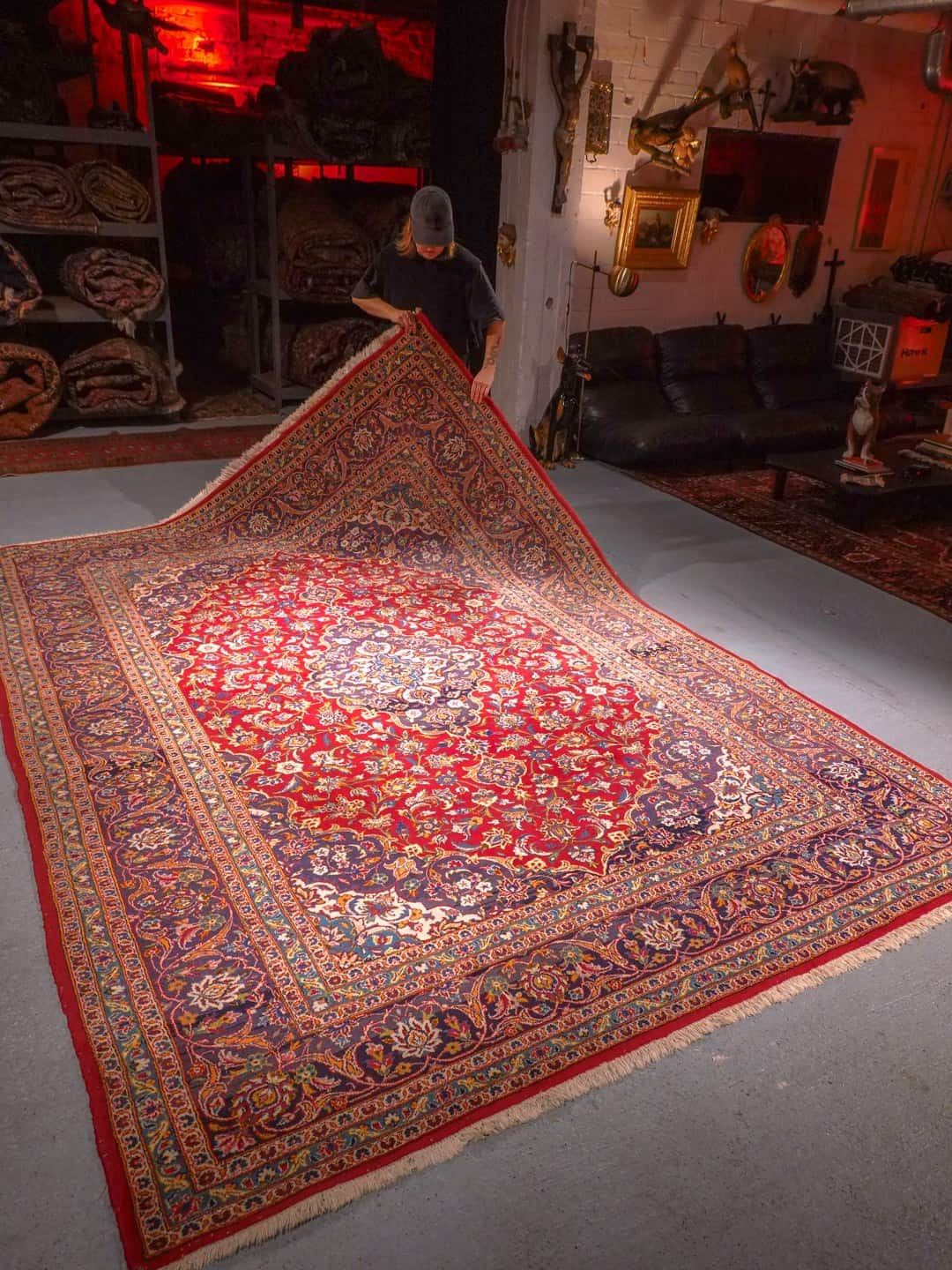 Punainen käsinsolmittu Keshan-villamatto, 350 × 250 cm
