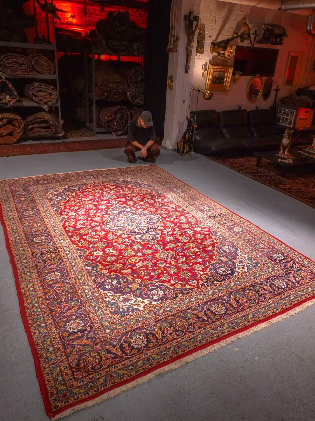 Punainen käsinsolmittu Keshan-villamatto, 350 × 250 cm