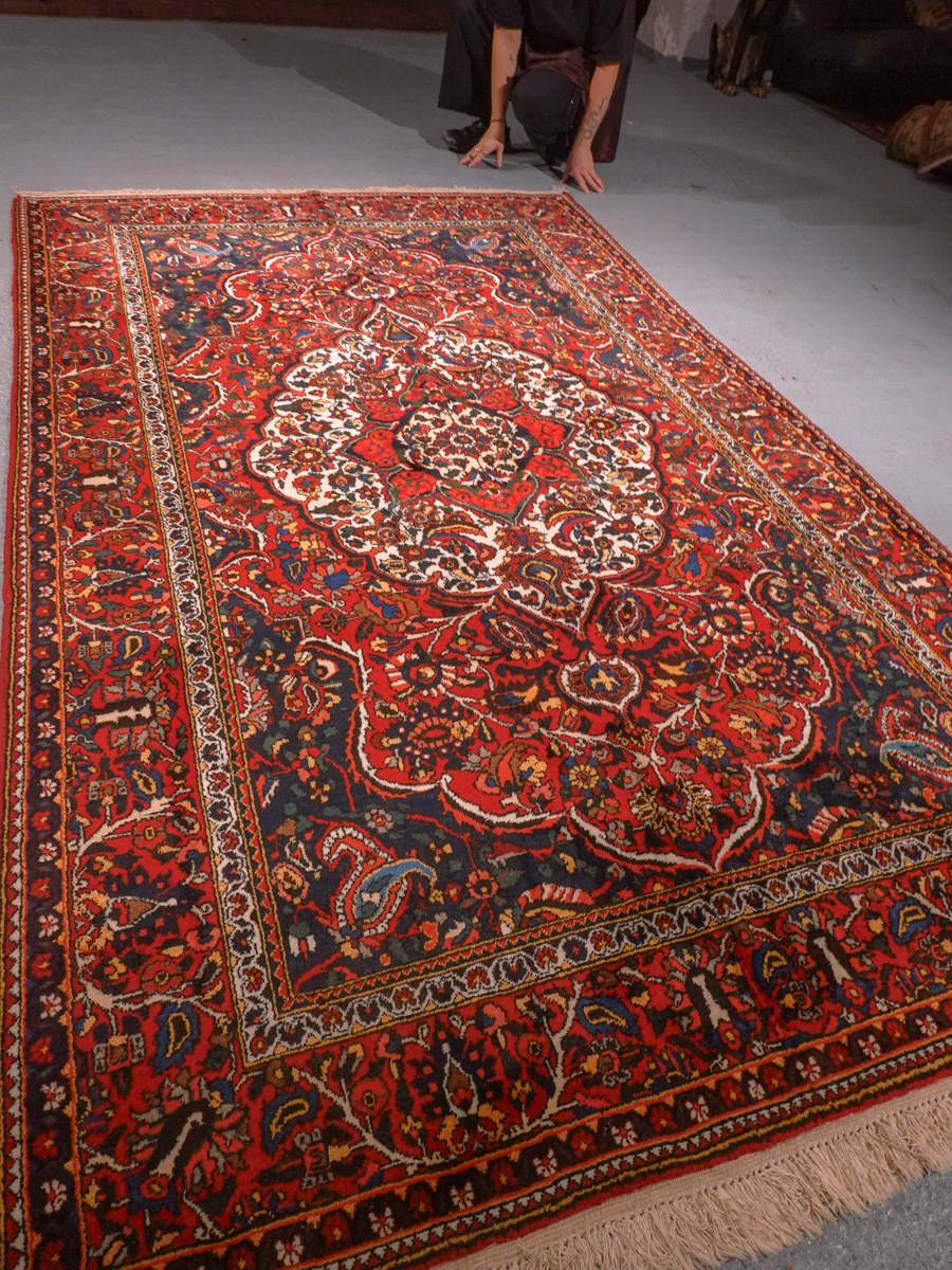 Punainen käsinsolmittu Bahtijaari-villamatto, 278 × 164 cm