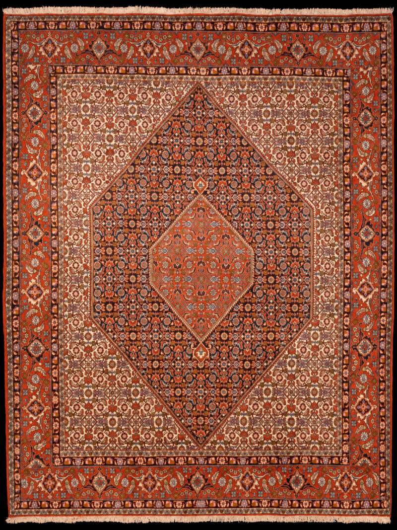 Punainen käsinsolmittu Bijar-villamatto, 255 × 198 cm