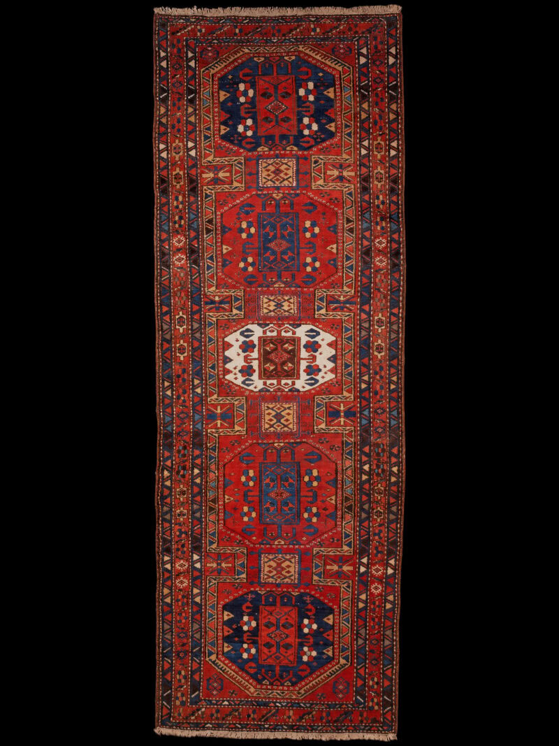 Punainen käsinsolmittu Heriz-villamatto, 321 × 122 cm