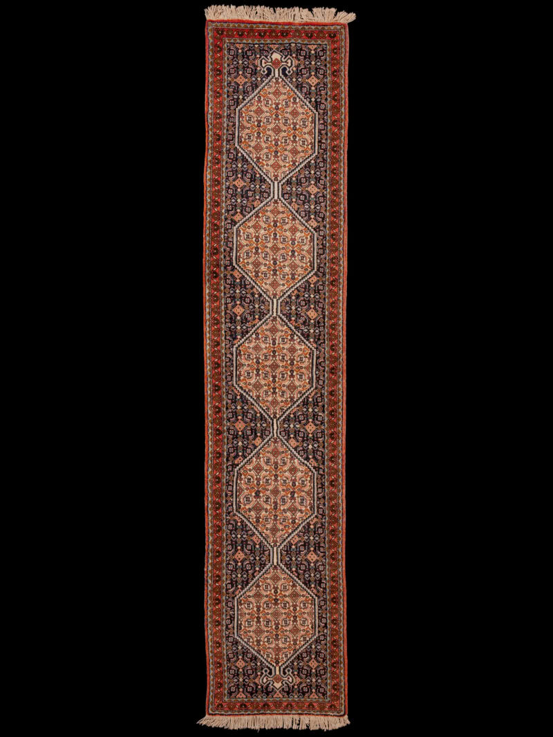 Punainen käsinsolmittu Senneh-villamatto, 260 × 54 cm