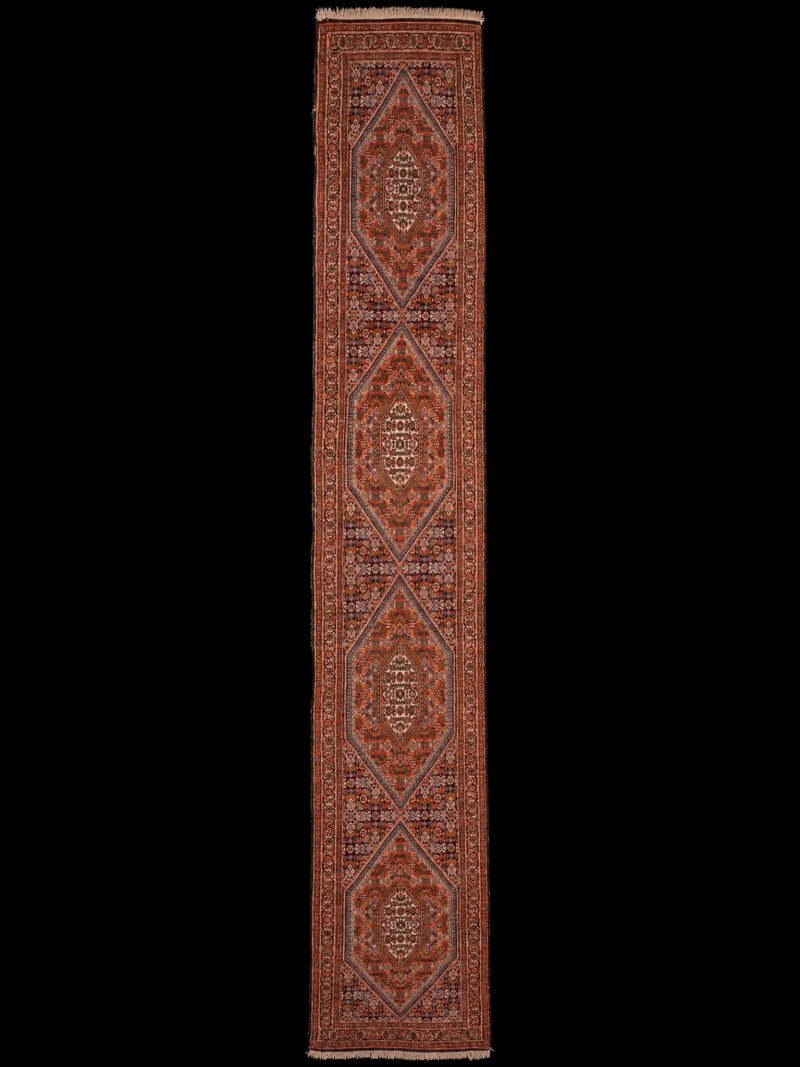 Punainen käsinsolmittu Bijar-villamatto, 380 × 56 cm