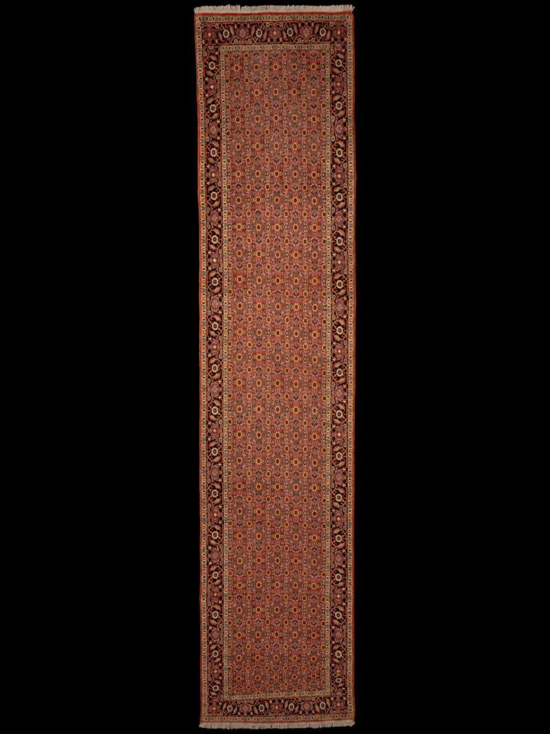 Punainen käsinsolmittu Bijar-villamatto, 396 × 89 cm