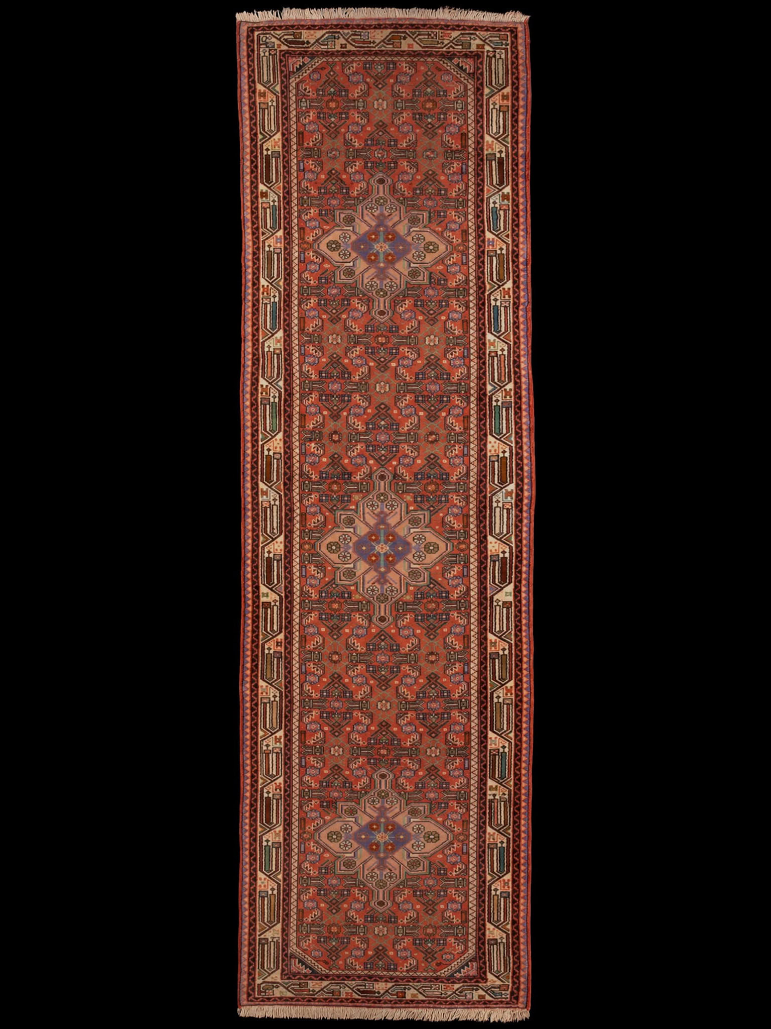Punainen käsinsolmittu Hamadan-villamatto, 295 × 80 cm