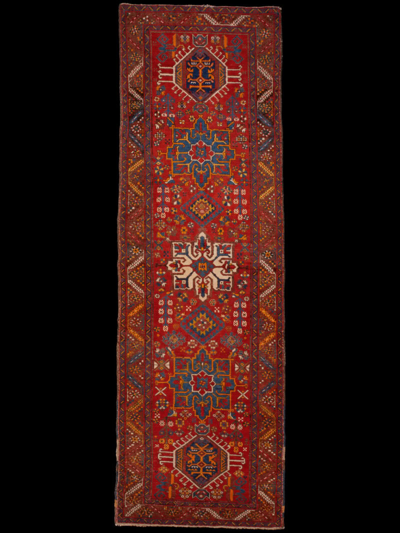 Punainen käsinsolmittu Heriz-villamatto, 335 × 100 cm