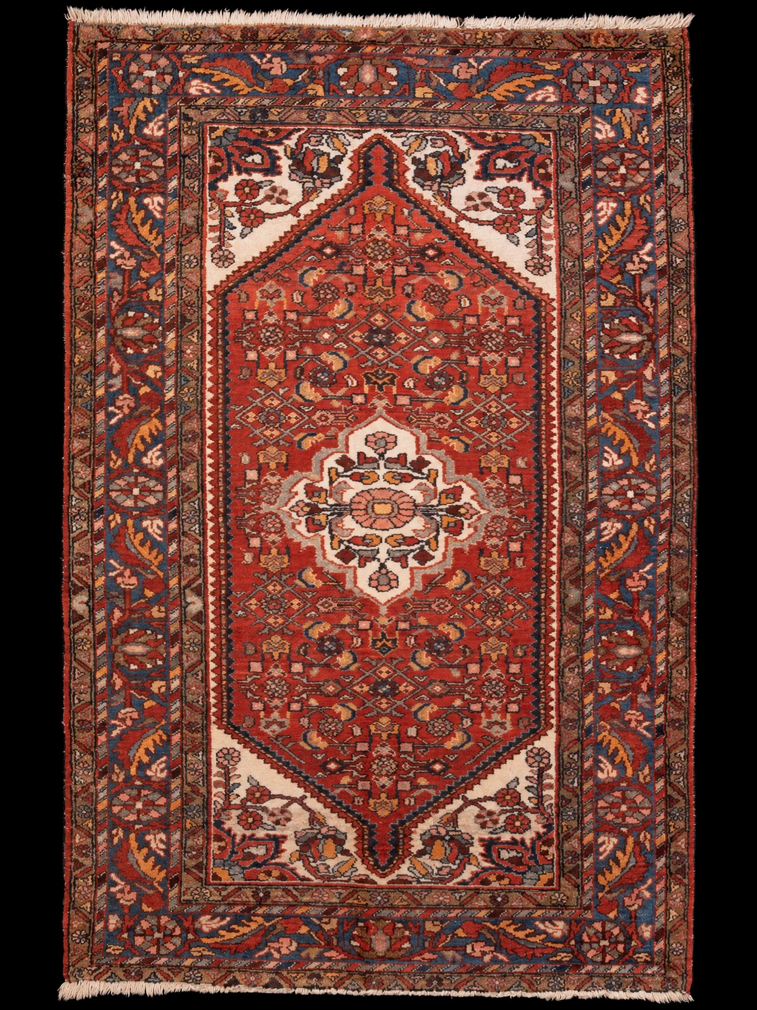 Punainen käsinsolmittu Hamadan-villamatto, 213 × 143 cm
