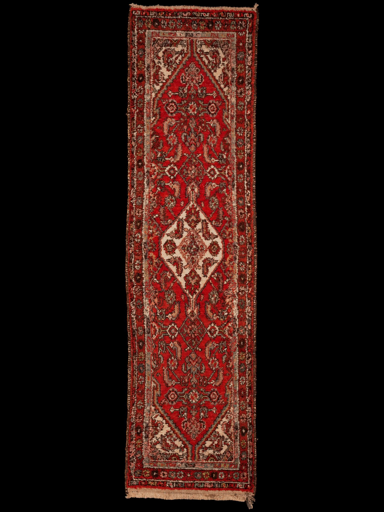 Punainen käsinsolmittu Hamadan-villamatto, 261 × 71 cm