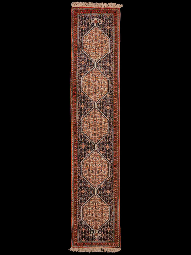 Punainen käsinsolmittu Senneh-villamatto, 260 × 54 cm