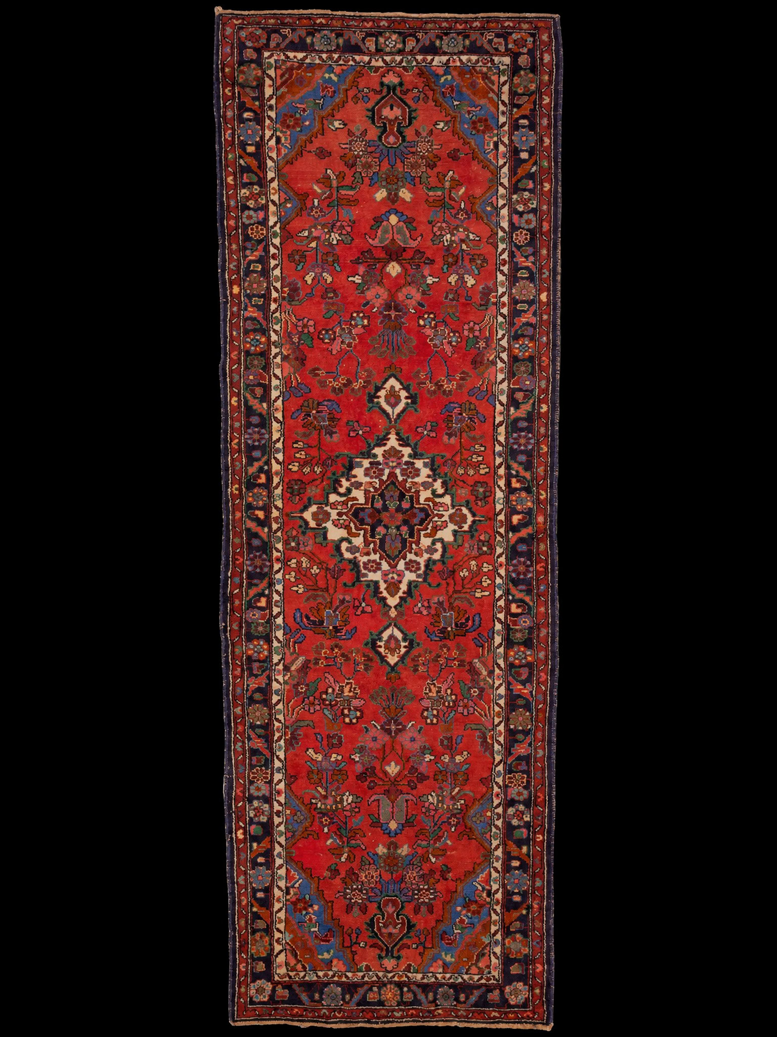 Punainen käsinsolmittu Hamadan-villamatto, 297 × 106 cm