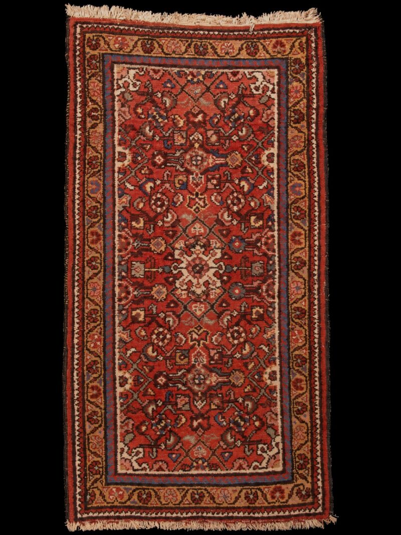 Punainen käsinsolmittu Hamadan-villamatto, 132 × 72 cm