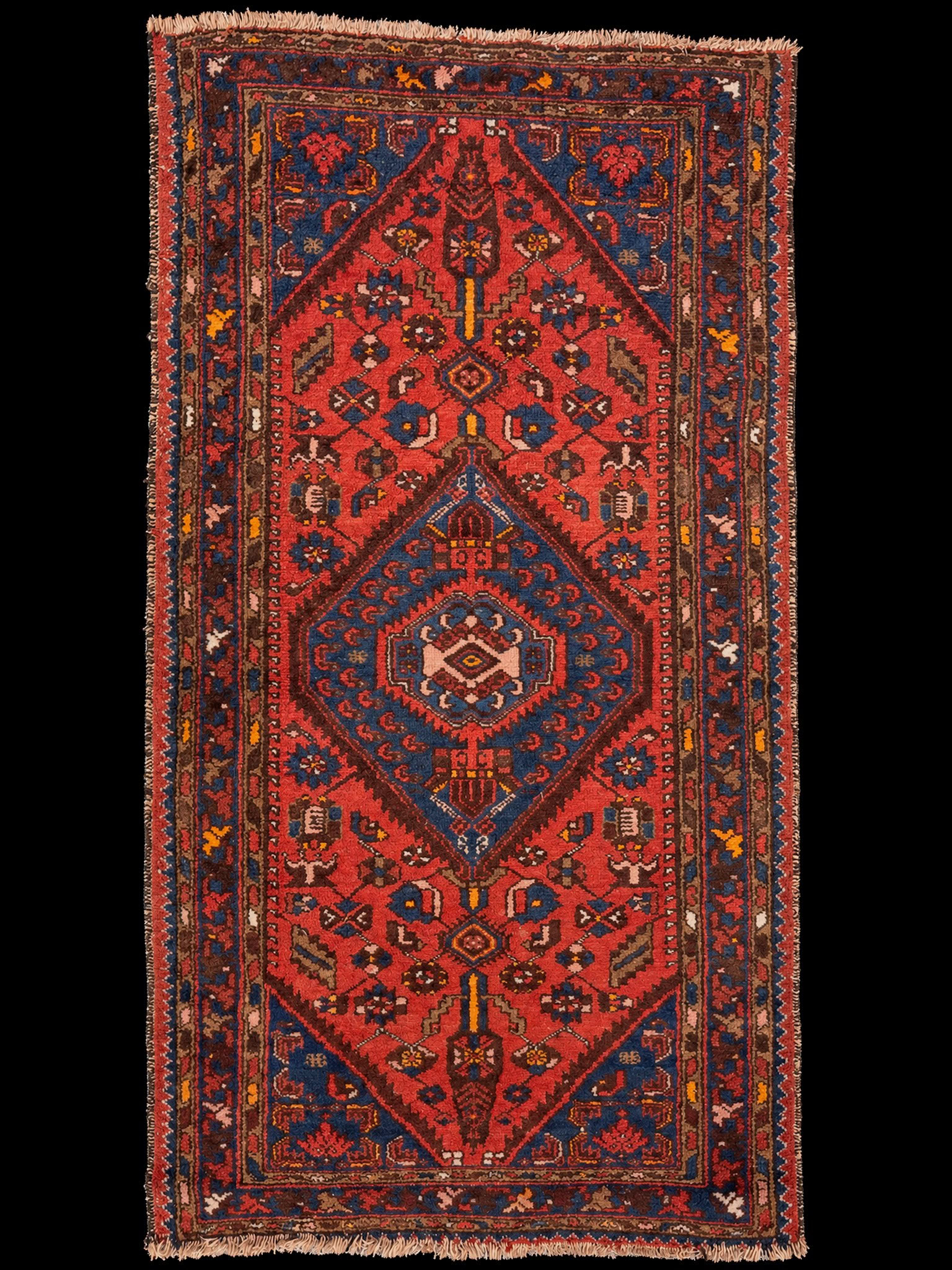 Punainen käsinsolmittu Hamadan-villamatto, 189 × 106 cm