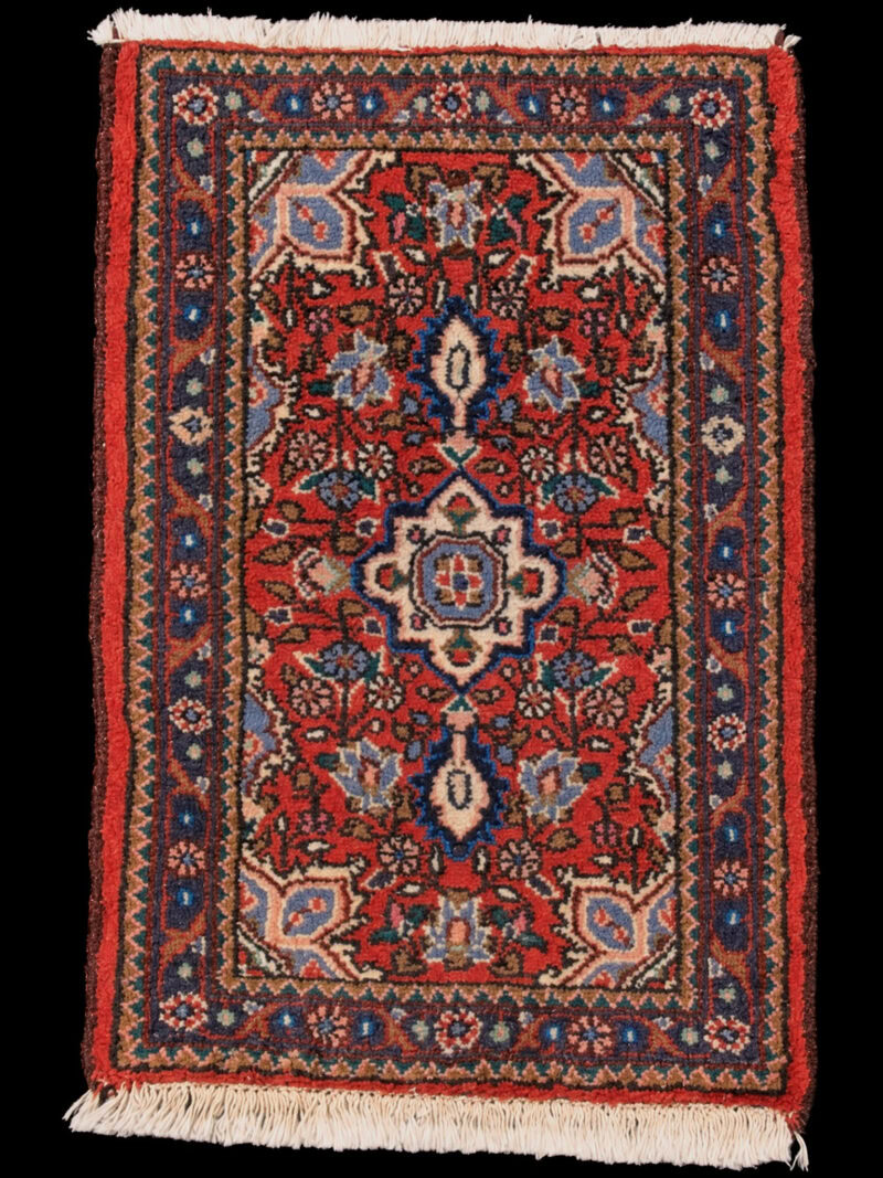 Punainen käsinsolmittu Hamadan-villamatto, 74 × 51 cm