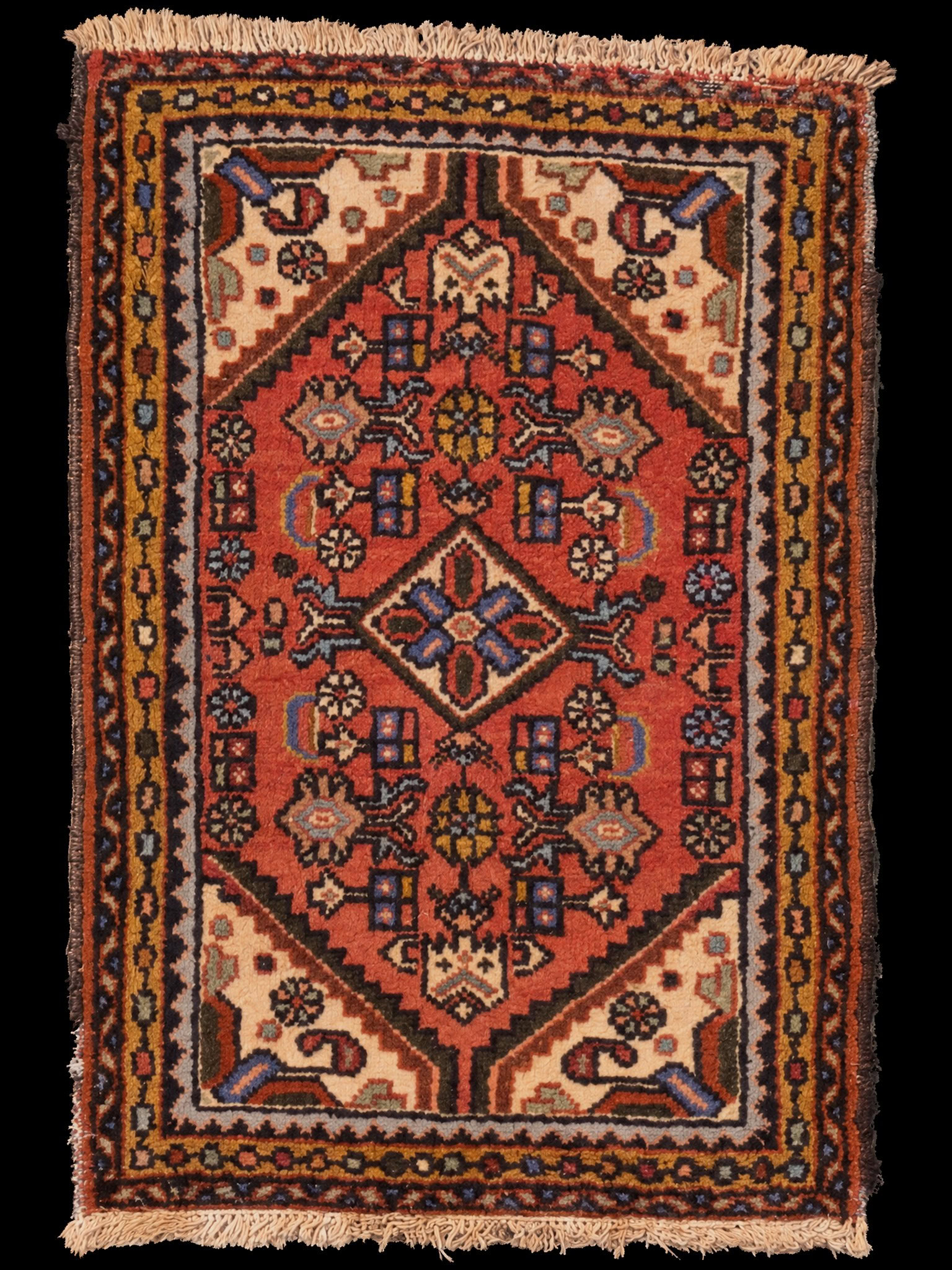 Punainen käsinsolmittu Hamadan-villamatto, 92 × 59 cm