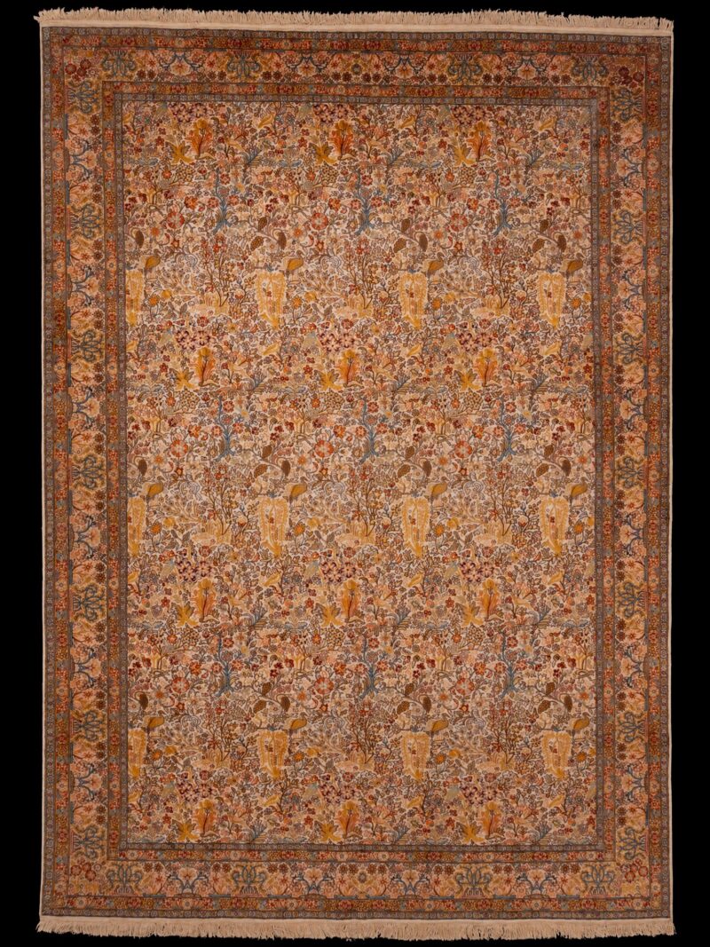 Vaalea käsinsolmittu Kashmir-silkkimatto, 342 × 236 cm