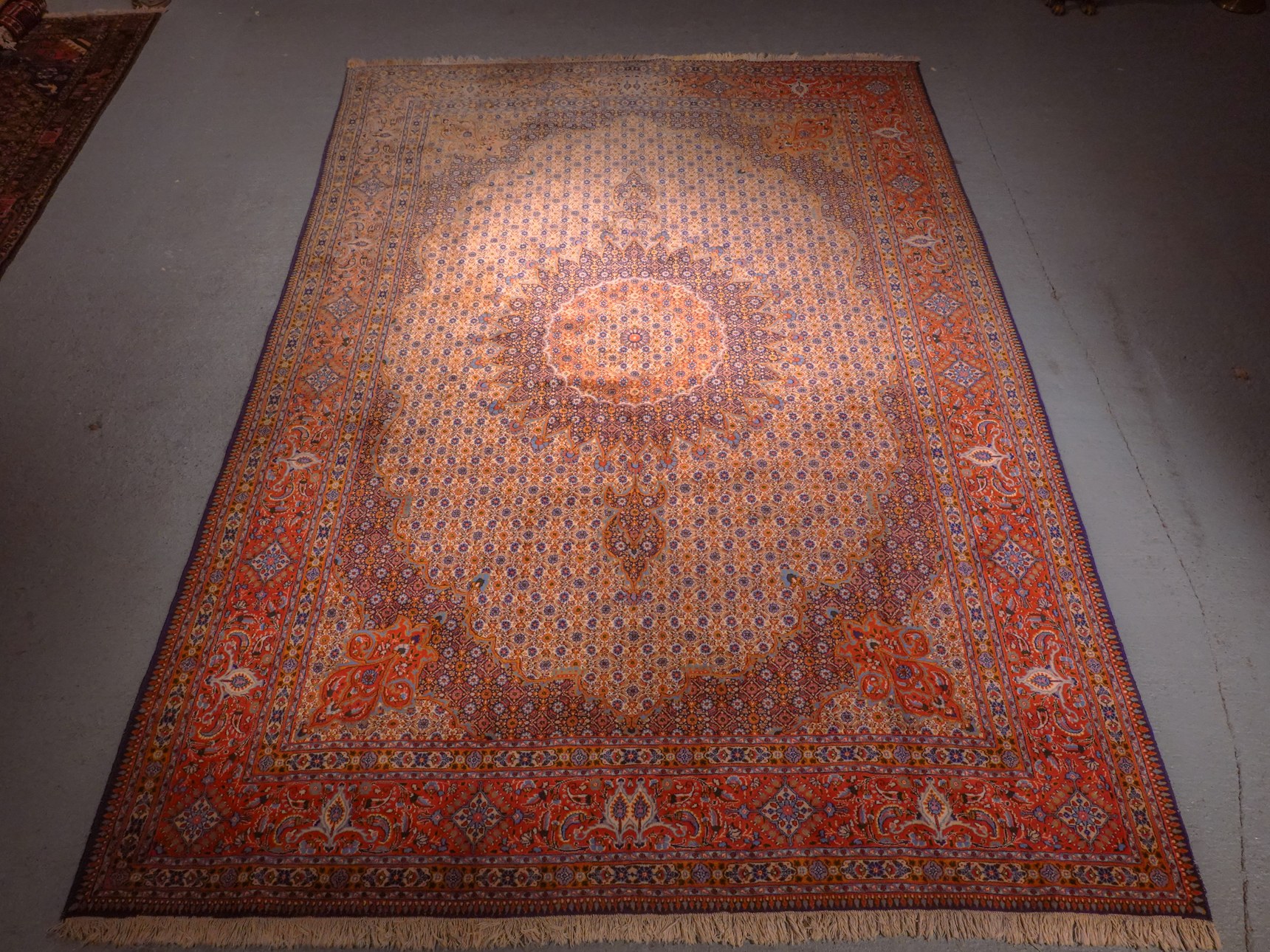 Maanläheinen käsinsolmittu Moud-villamatto, 366 × 253 cm