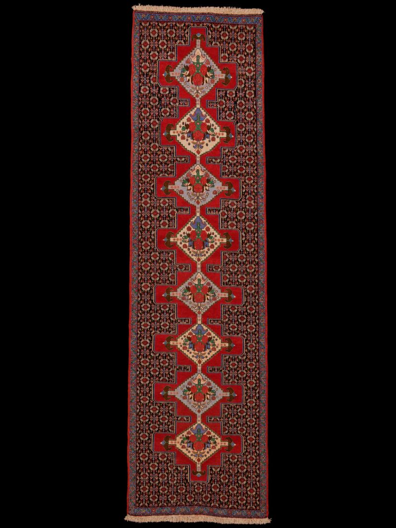 Punainen käsinsolmittu Senneh-villamatto, 305 × 76 cm
