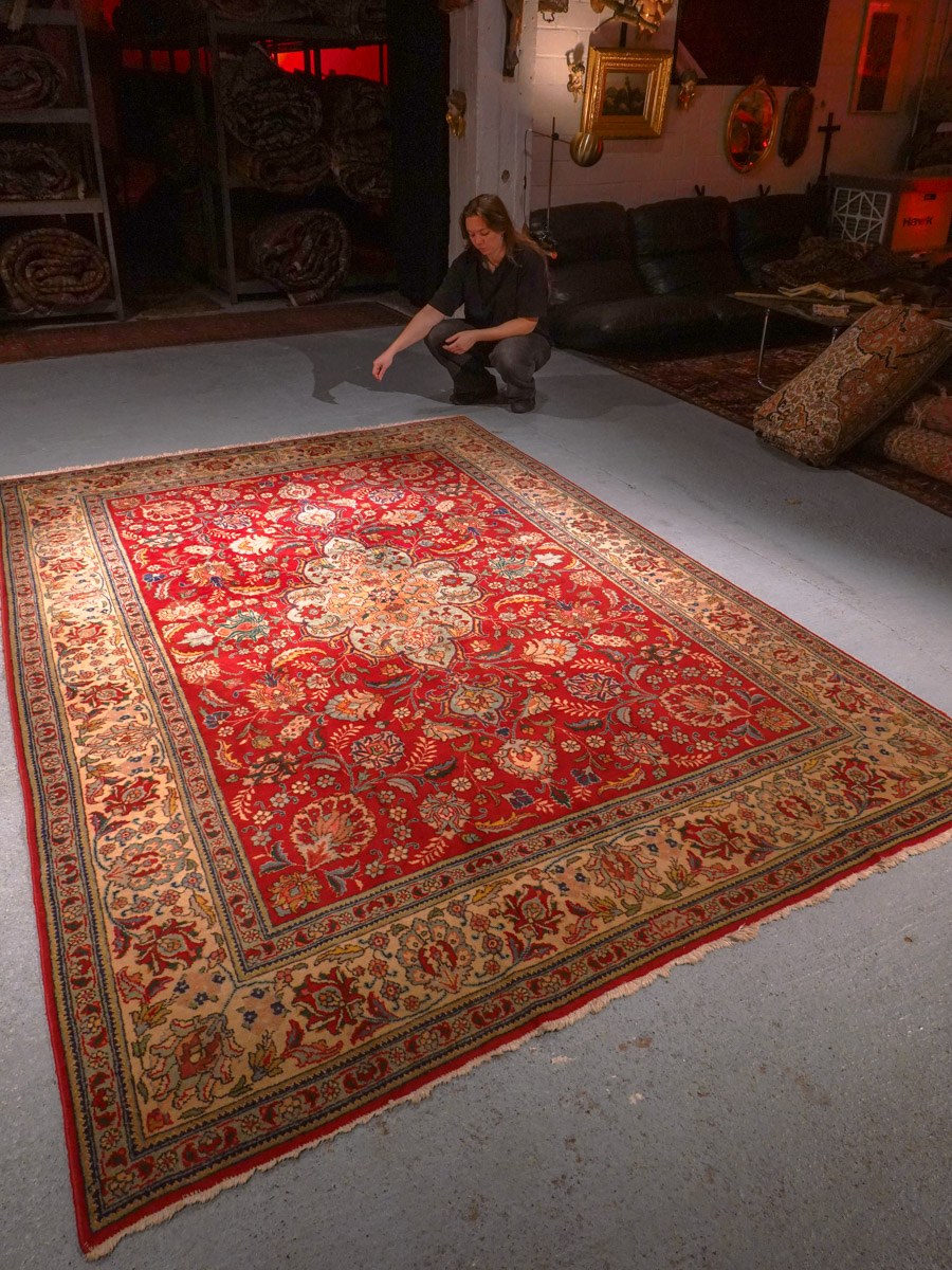 Punainen käsinsolmittu Tabriz-villamatto, 300 × 205 cm