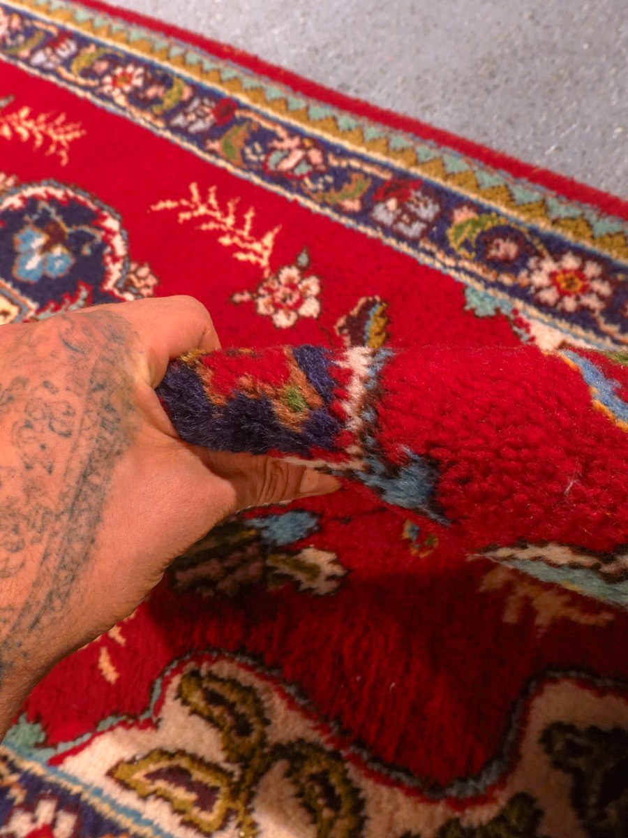 Punainen käsinsolmittu Tabriz-villamatto, 400 × 81 cm