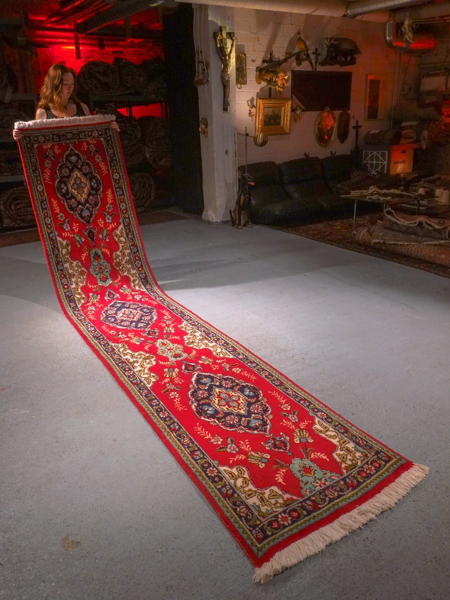 Punainen käsinsolmittu Tabriz-villamatto, 400 × 81 cm