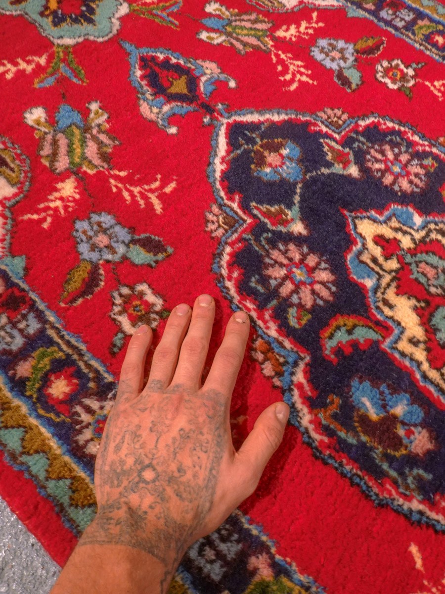 Punainen käsinsolmittu Tabriz-villamatto, 400 × 81 cm