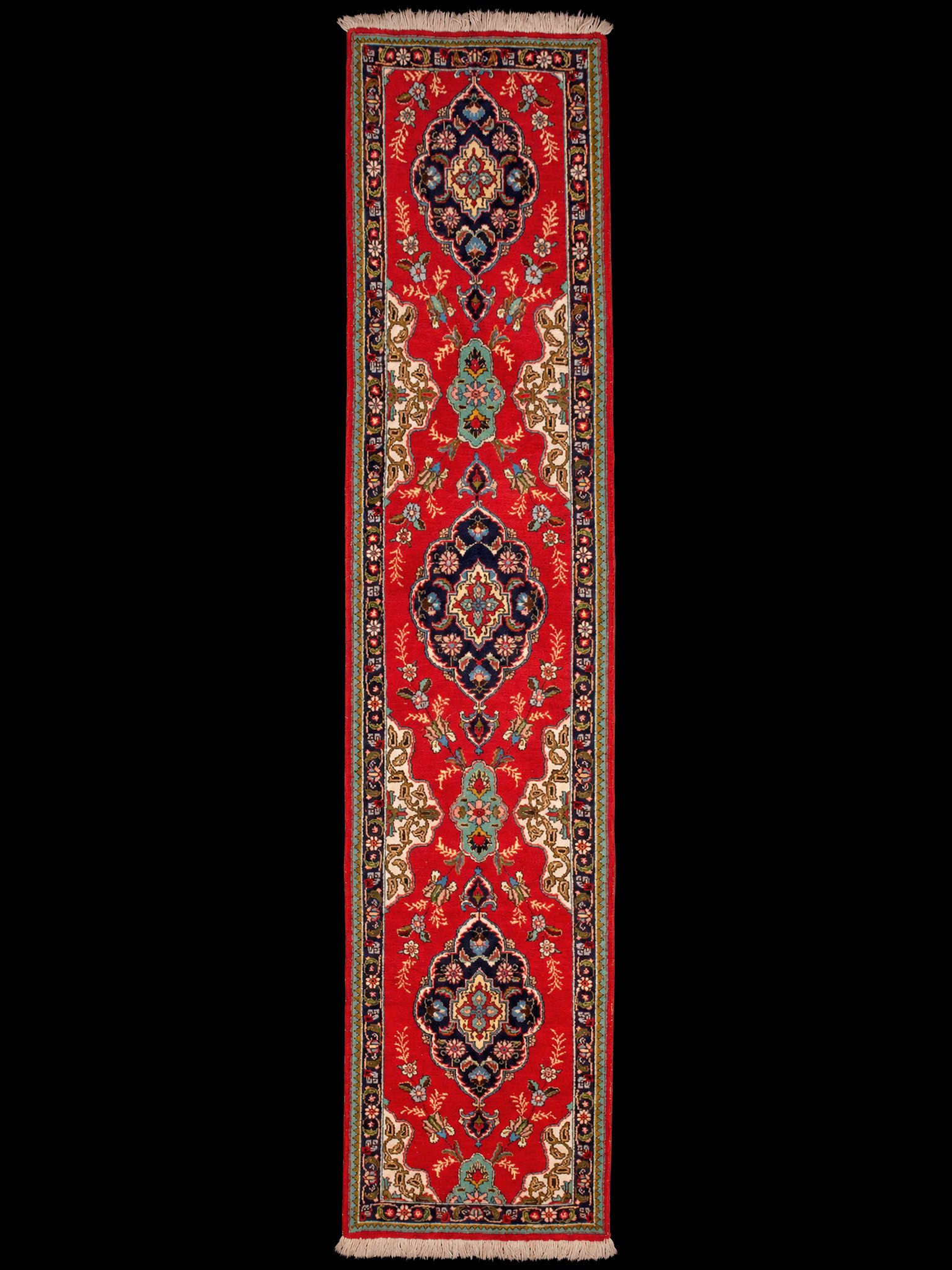 Punainen käsinsolmittu Tabriz-villamatto, 400 × 81 cm